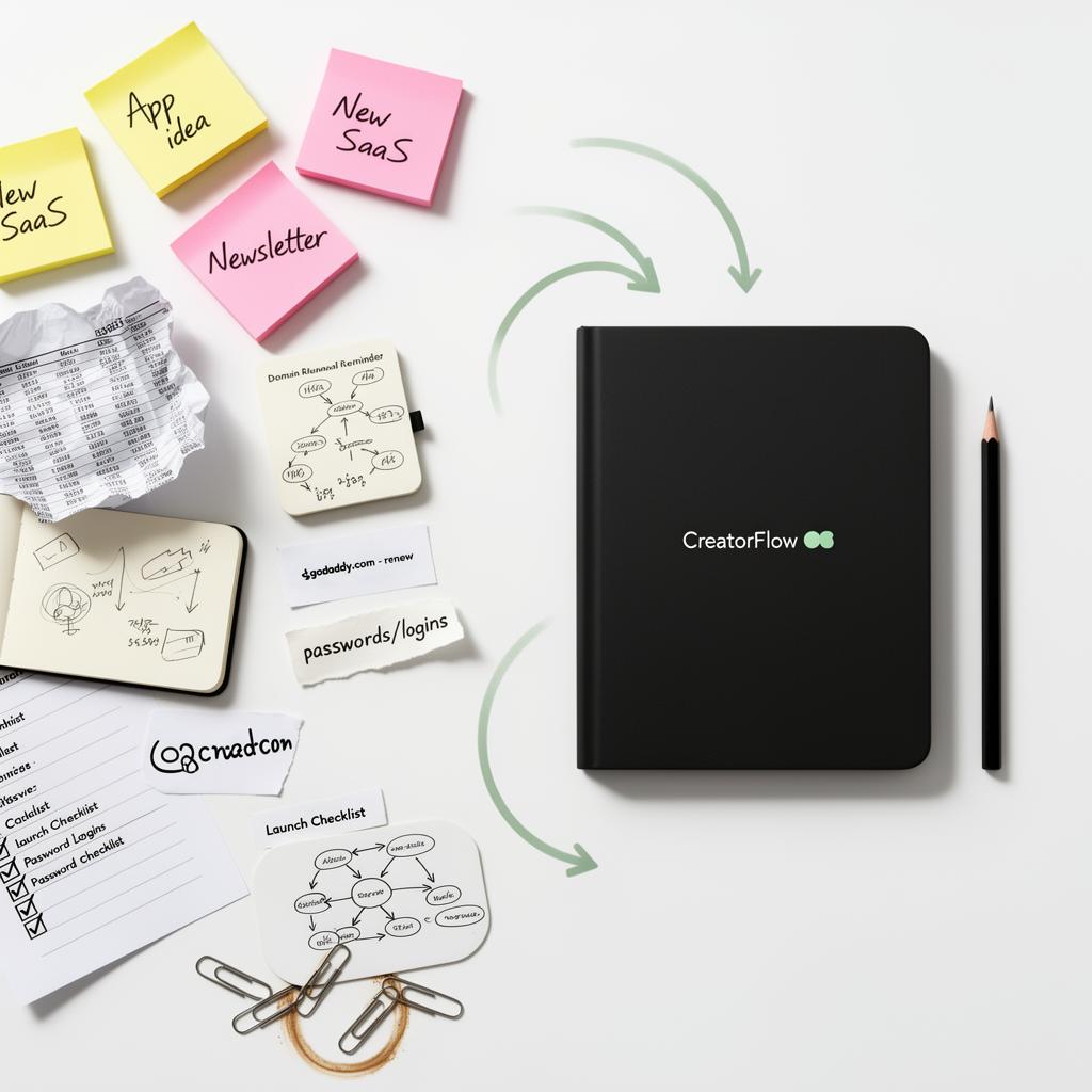 Scattered sticky notes, spreadsheets, sketches, and login notes flowing into a single organized CreatorFlow OS notebook